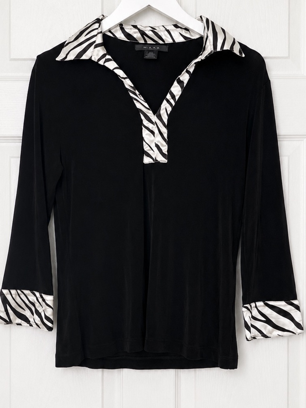 Kiara Y2K Black zebra print 3/4 sleeve stretch women’s blouse large